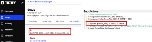 Figure 4: The public ID is required to link the Tiltify campaign to the Streamer.Bot extension. This allows data to be obtained from the active campaign.